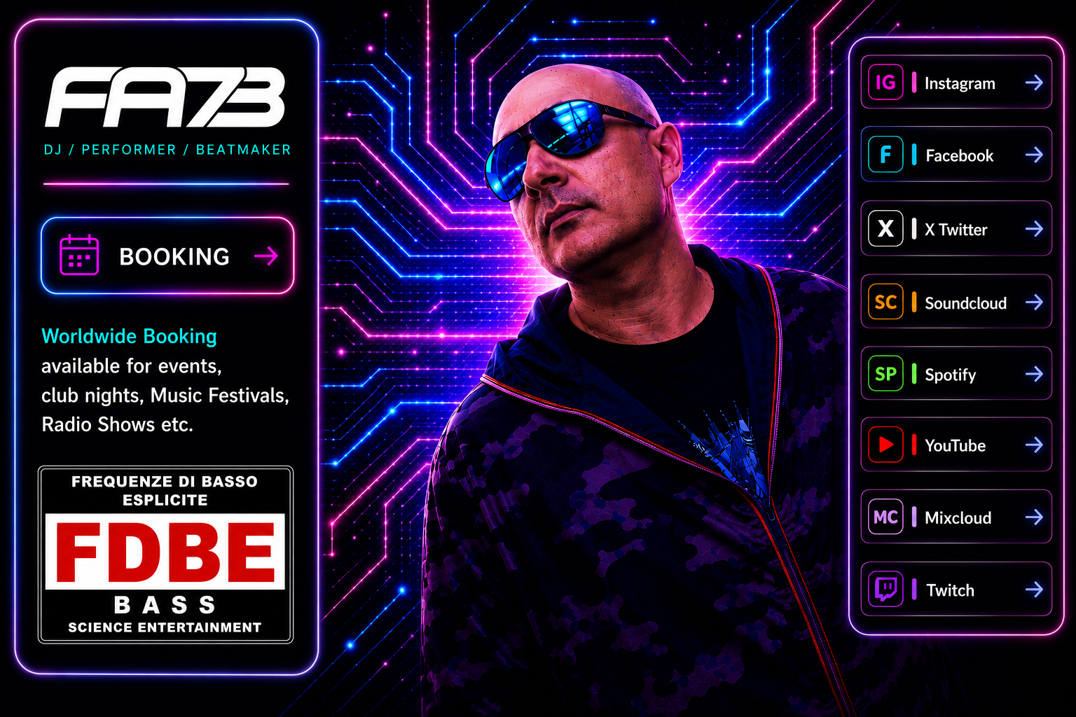 FA73 landing page neon con booking e social links